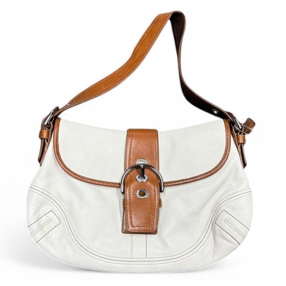 white/brown vintage y2k coach soho shoulder buckle bag with silver hardware ♡